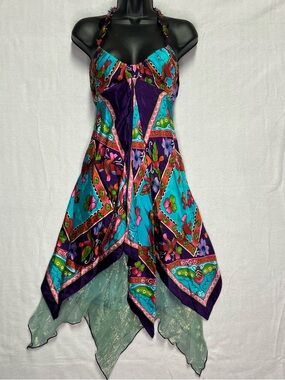 Ginger & Java Halter Boho Dress Beaded Y2K Handkerchief 4 Fairy Festival Hippie